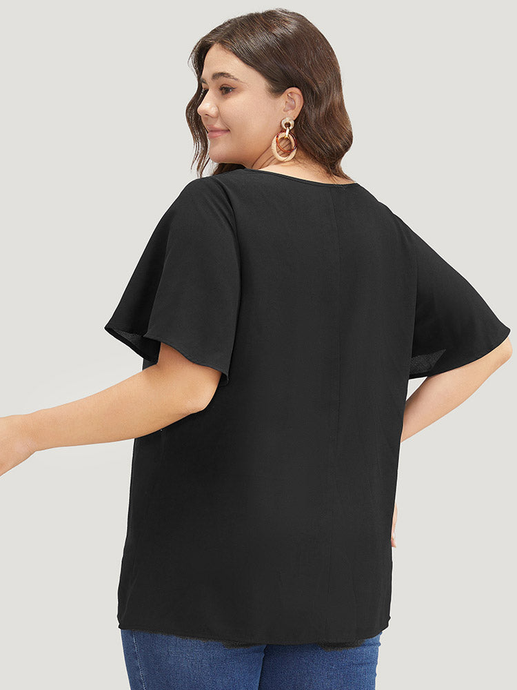 Solid Rhinestone Ruffle Sleeve Blouse