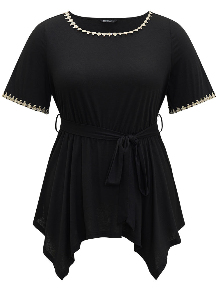 Crochet Lace Round Neck Ties Hanky Hem T-shirt