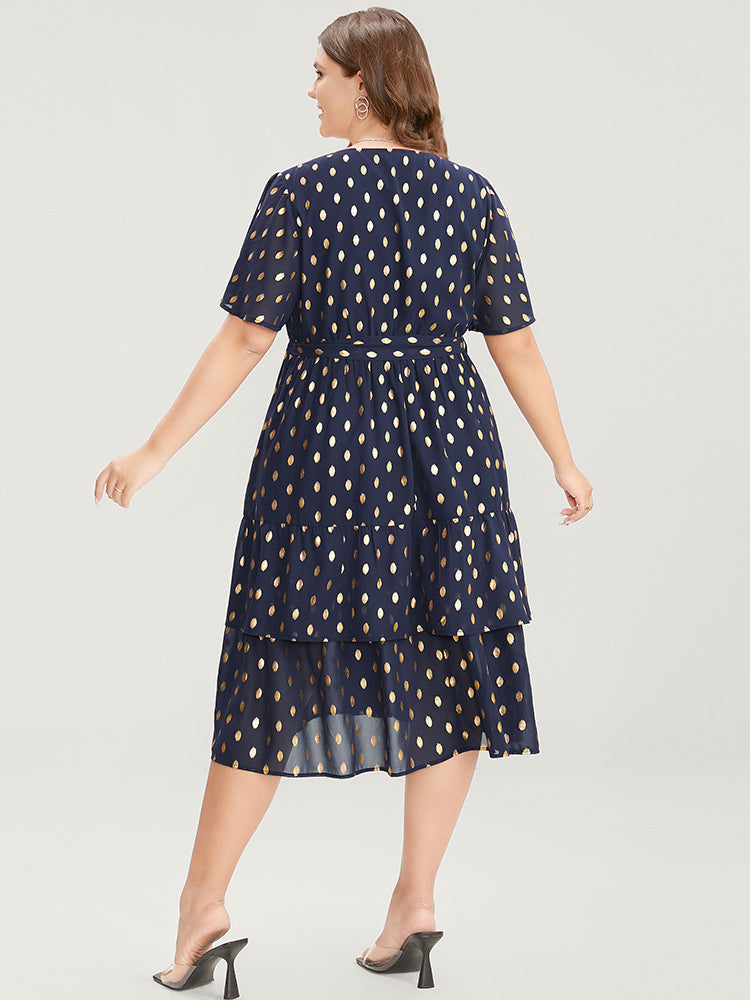 Polka Dot V Neck Belted Pocket Ruffle Tiered Knee Dress