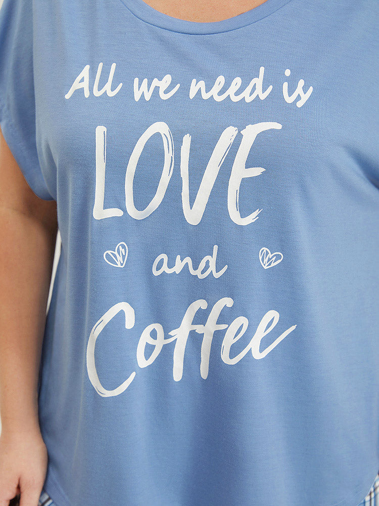 Letter Print Batwing Sleeve Curved Hem Sleep Top