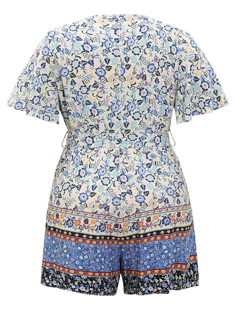 Bandana Print Flutter Sleeve Pocket Belt Wrap Romper