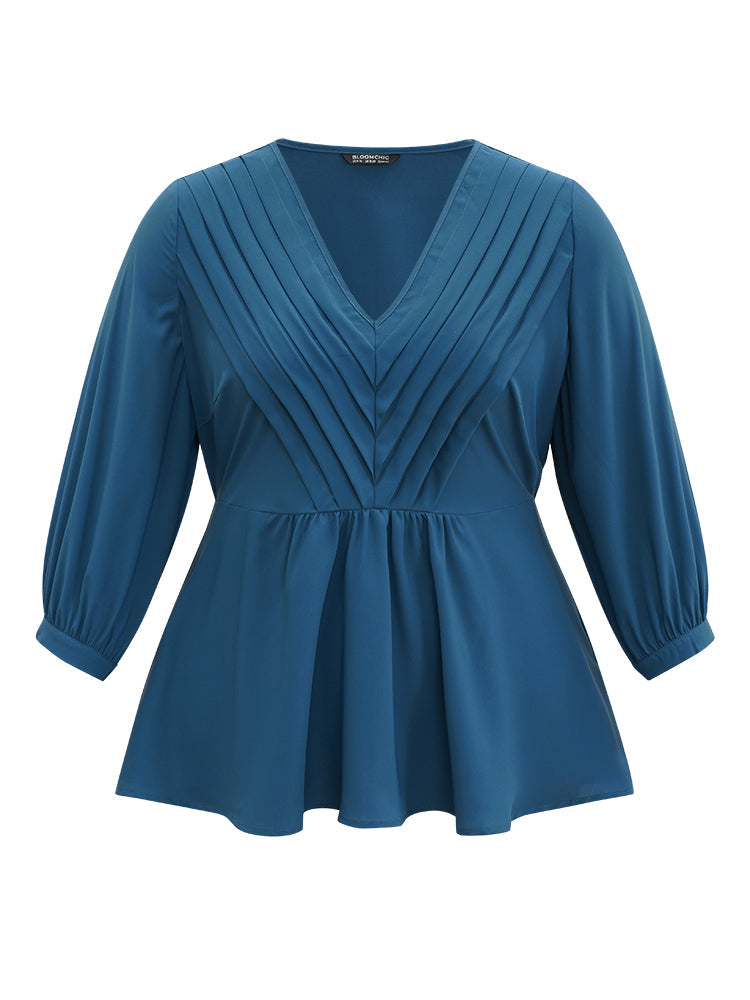 Static-Free Elastic Waist Pleated Lantern Sleeve Blouse