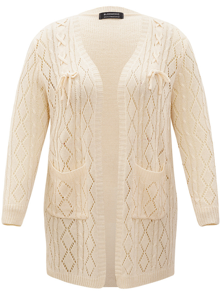 Solid Bowknot Detail Patched Pocket Hollow Out Cardigan