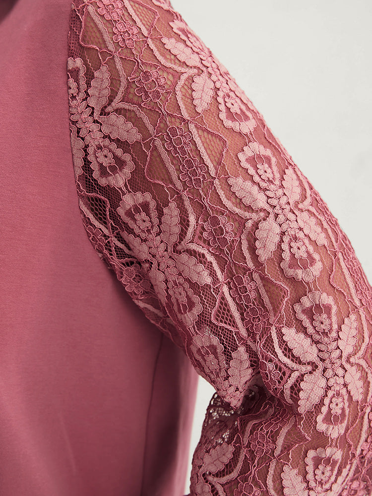 Solid Lace Patchwork Round Neck Sweatshirt