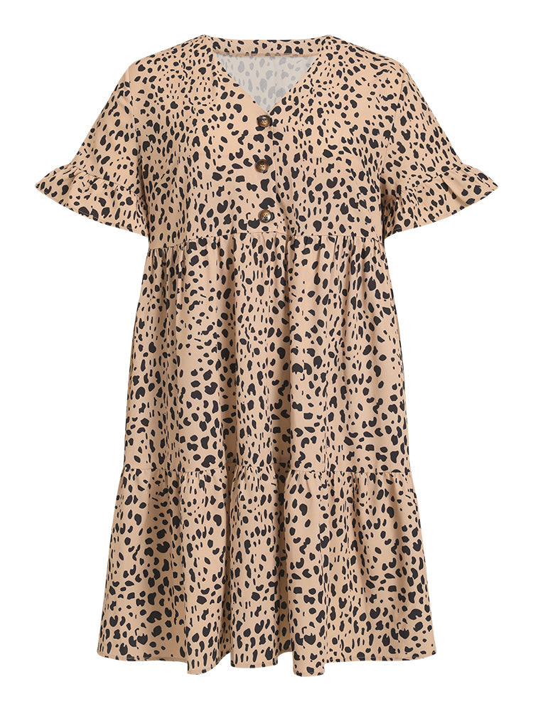 Leopard Print Bell Sleeve Button Up Ruffle Layered Hem Dress