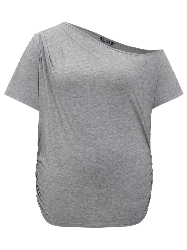 Plain One Shoulder Ruched Hem T-shirt