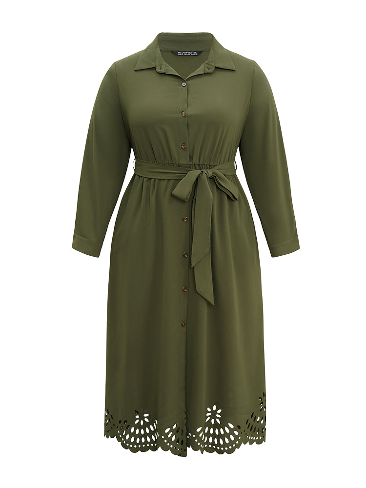 Plain Laser Cut Button Through Belted Dress