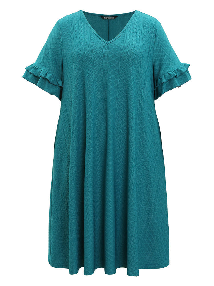 Plain Plain Textured RuffleTrim Pocket V Neck Dress