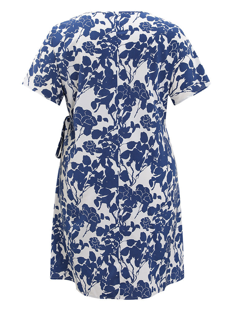 Floral Print Batwing Sleeve Pocket Knot Side Dress