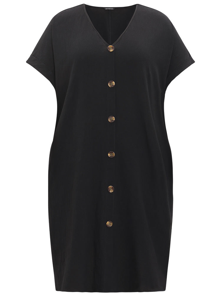Plain V Neck Button Through Dolman Sleeve Dress