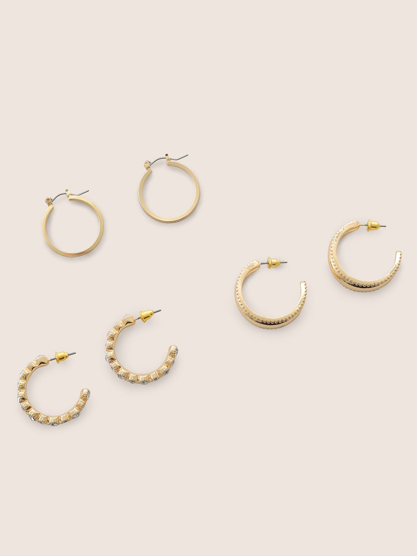 3 Pairs Rhinestone Detail Hoop Earrings