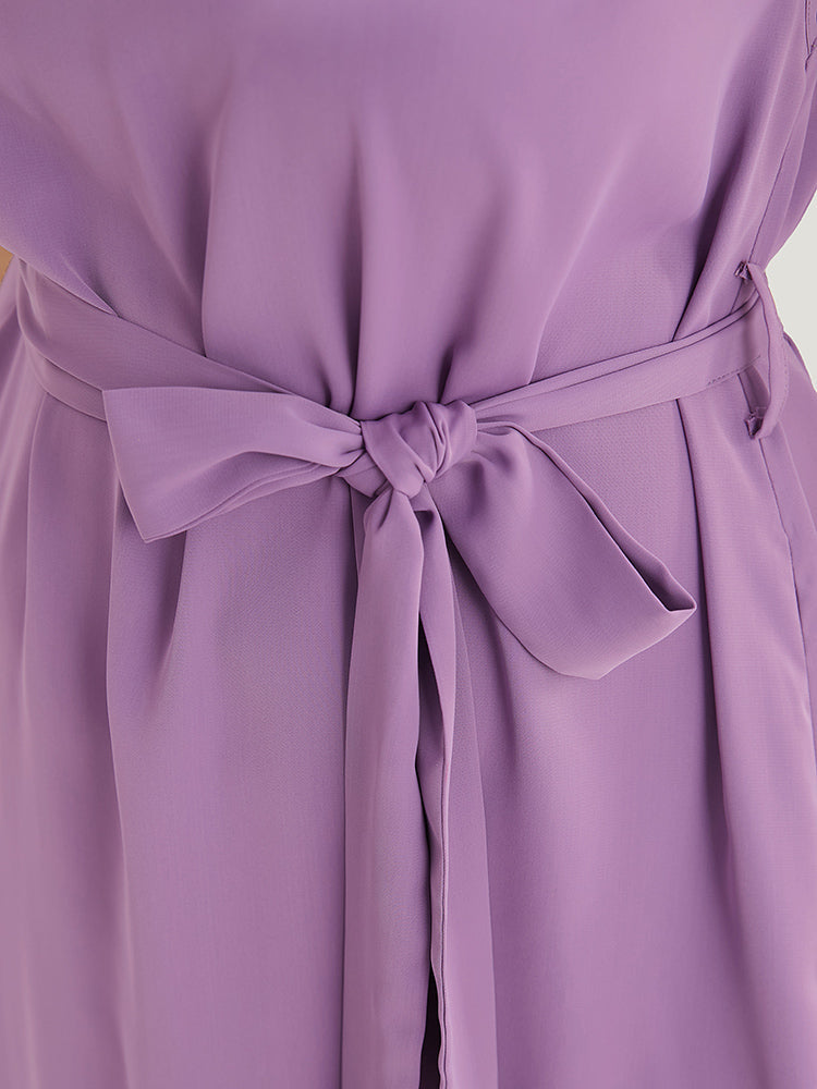 Solid Cap Sleeve Pocket Ruffle Keyhole Belted Pleated Dress