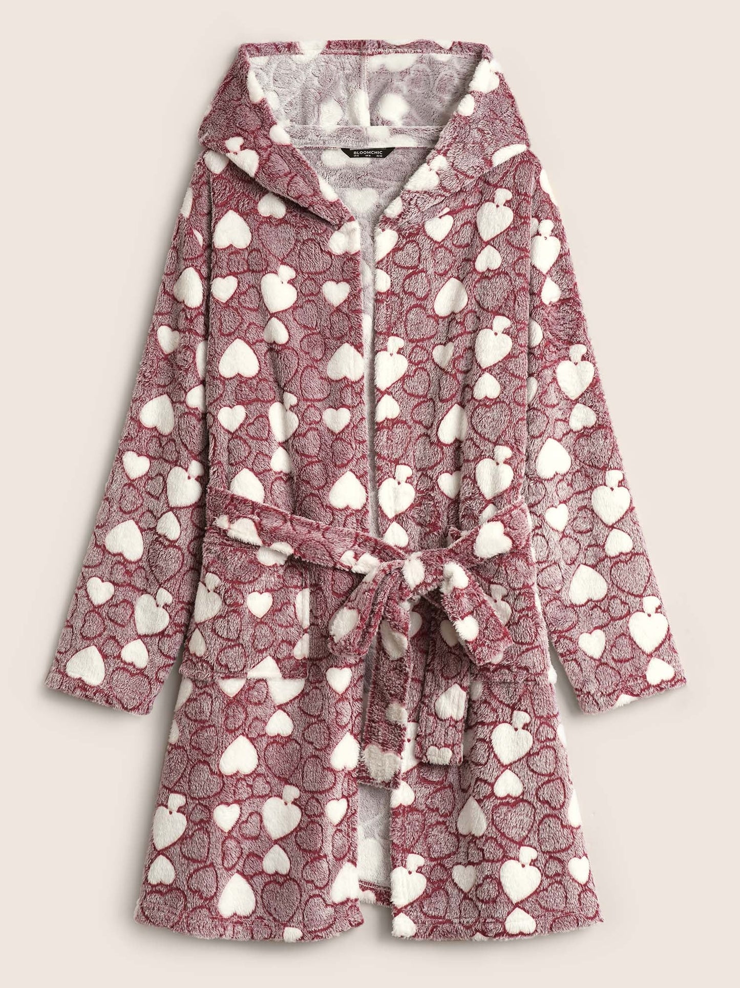 Heart Contrast Hooded Pocket Belted Robe