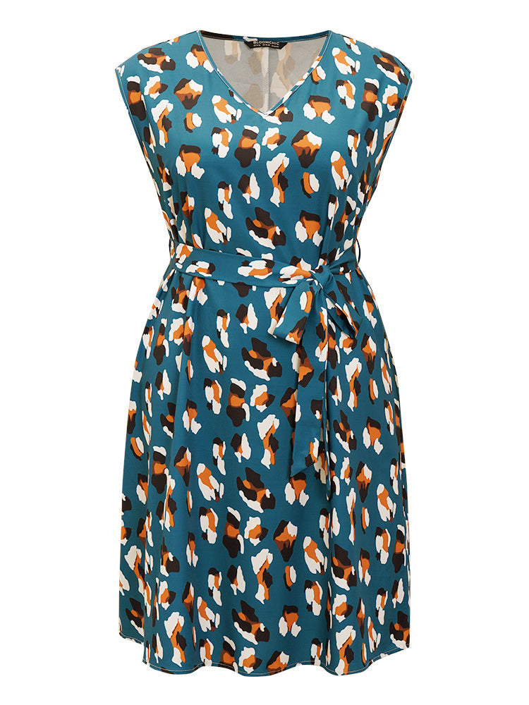 Allover Print Pocket Belted Sleeveless Ruffle Hem Dress