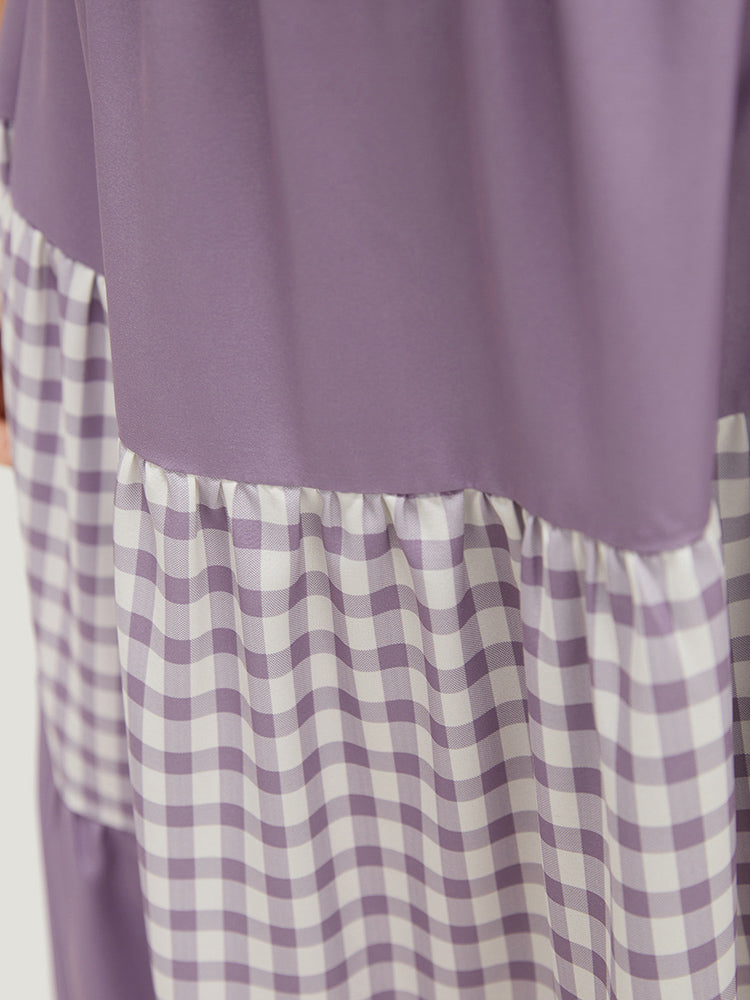 Gingham Patchwork Square Neck Ruffle Sleeve Pocket Tiered Hem Dress