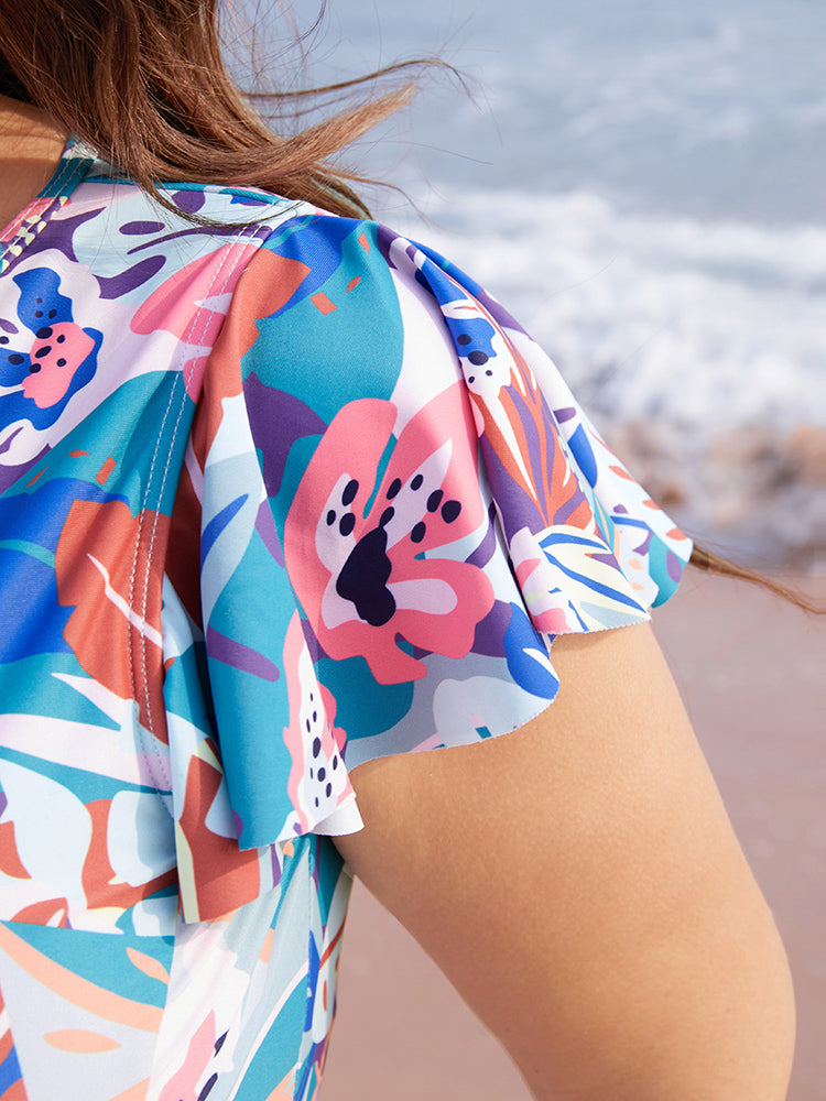 Tropical Zip Up Ruffle Sleeve Ruched One Piece Swimsuit