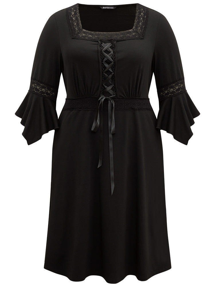 Halloween Square Neck Lace Up Knot Bell Sleeve Dress