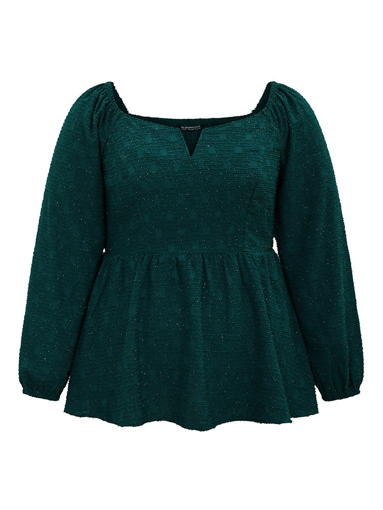 Solid Jacquard Notched Lantern Sleeve Blouse