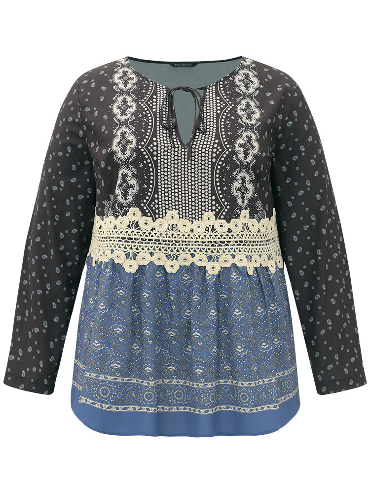 Bandana Print Tie Crochet Lace Blouse