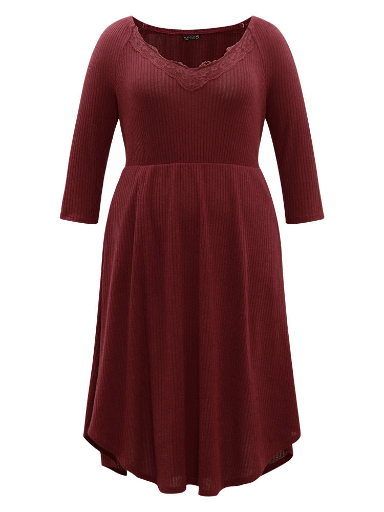 Solid Rib Knit Lace Insert Dress