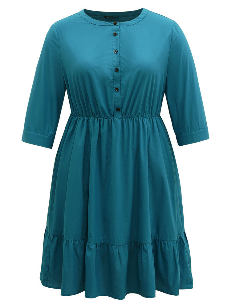 Solid Button Up Ruffles Pocket Gathered Dress