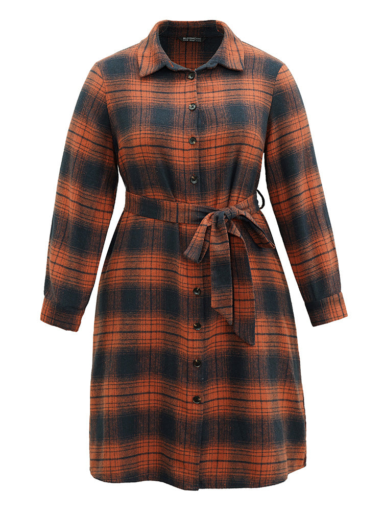 Plaid Shirt Collar Belted Button Through Dress