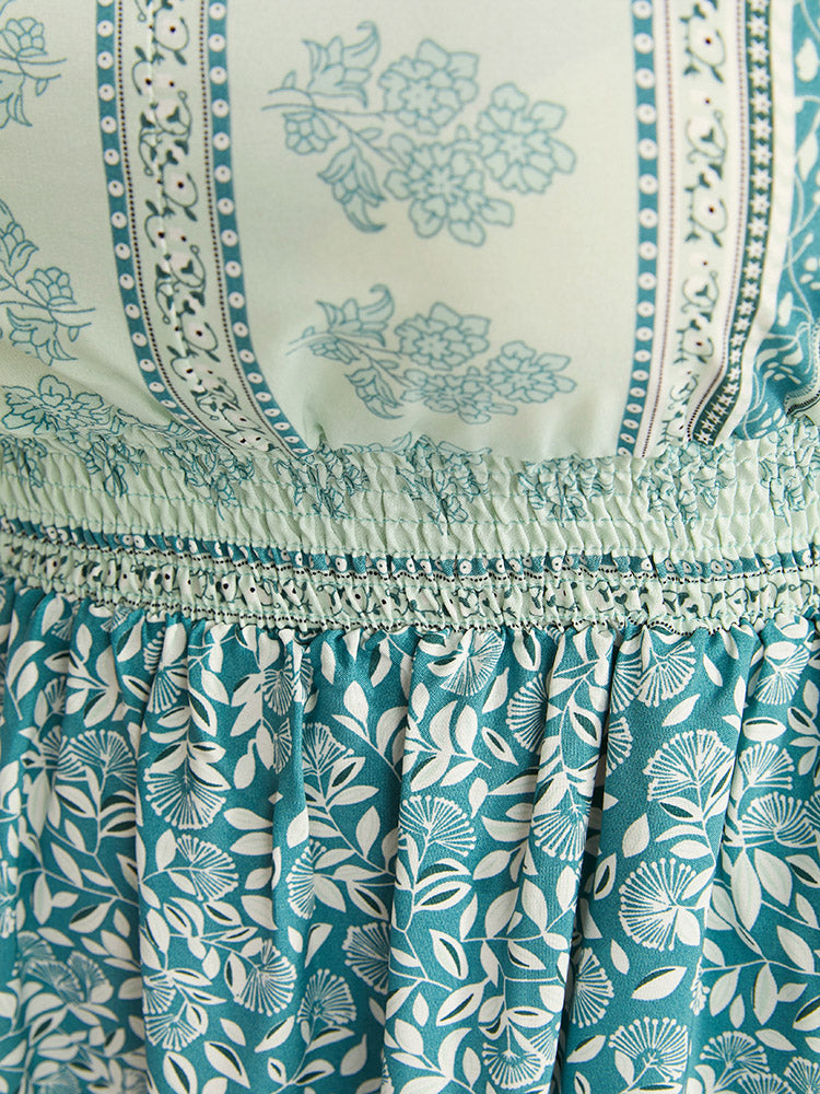 Bandana Print Shirred Pocket V Neck Ruffle Sleeve Dress