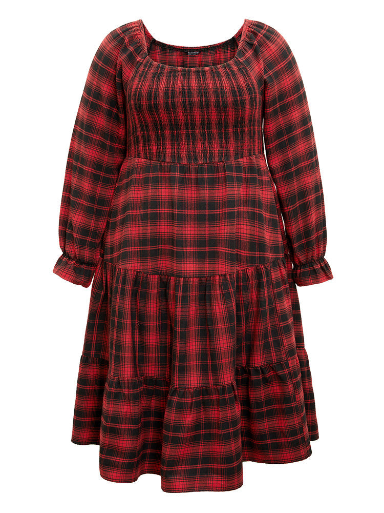 Plaid Shirred Pocket Ruffle Trim Midi Dress