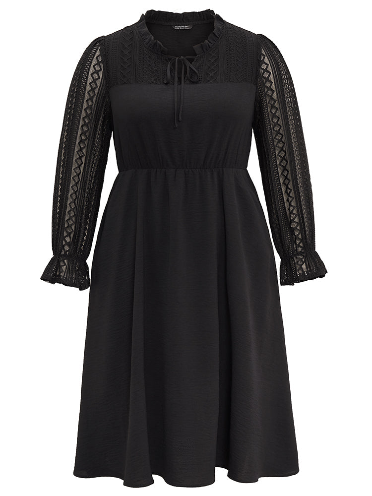 Guipure Lace Knot Neck Ruffle Long Sleeve Dress