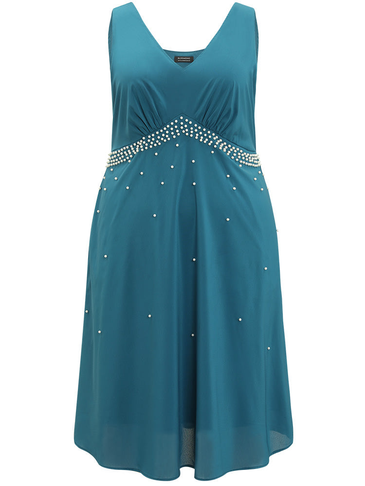 Plain Pleated Mesh Pearl Beaded Sleeveless Dress