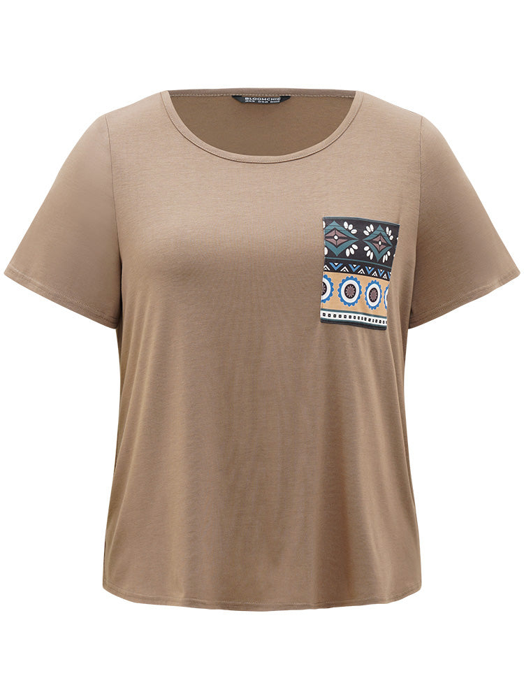 Bandana Print Round Neck Patched Pocket Sleep Top