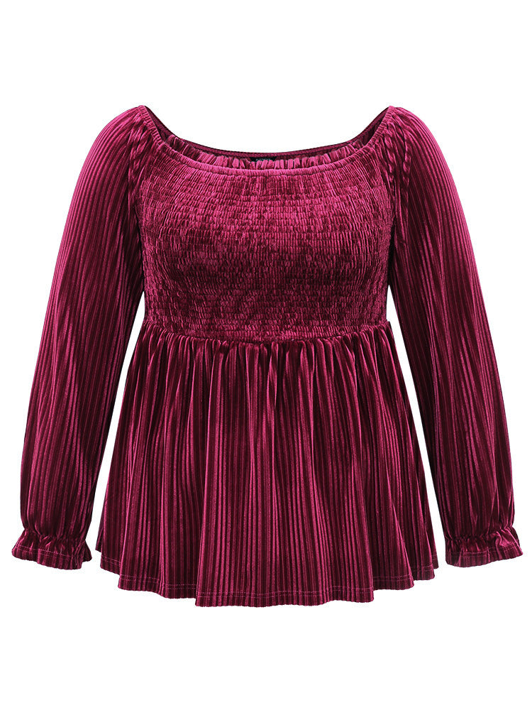 Velvet Frill Trim Shirred Square Neck Blouse