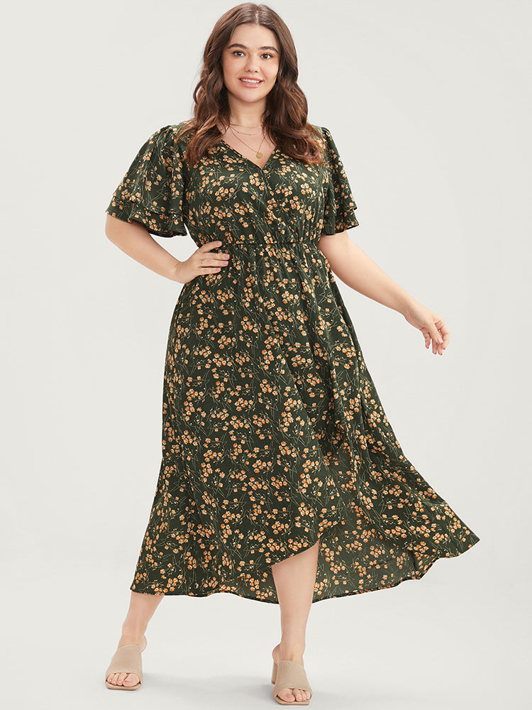 Ditsy Floral Wrap Ruffles Pocket Split High Low Hem Dress