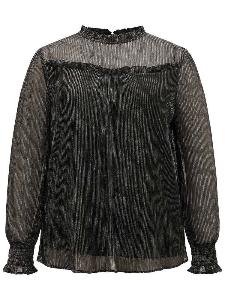 Stand Collar Mesh Patchwork Frill Trim Blouse