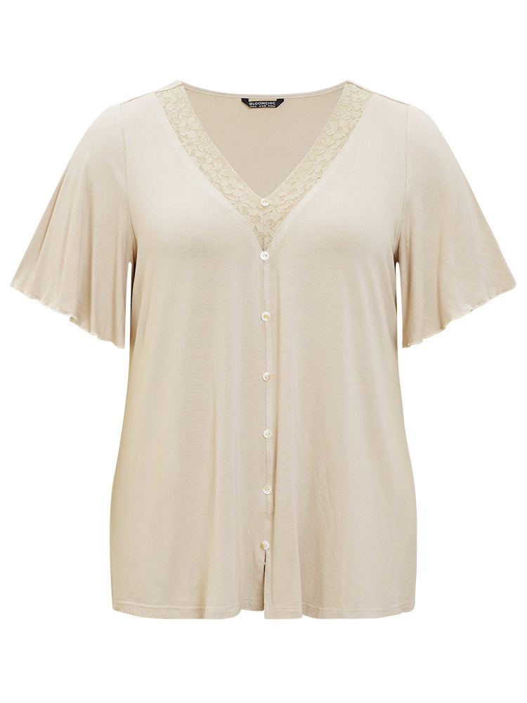 Plain Ruffle Sleeve Button Detail Lace Trim T-shirt