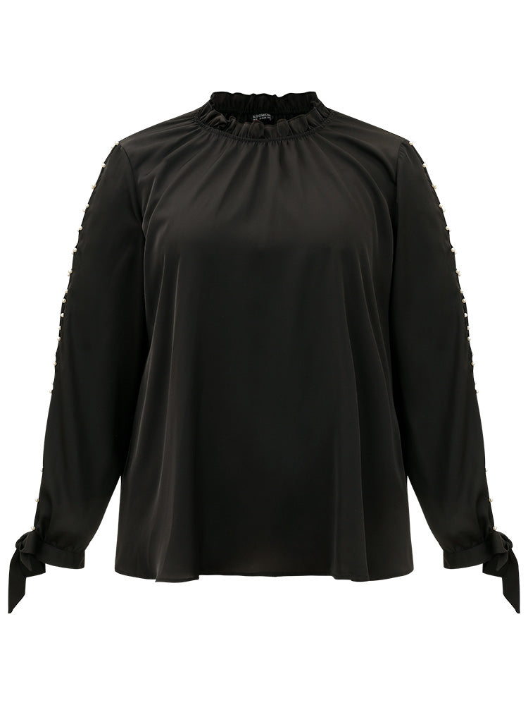 Anti-Wrinkle Pearl Beaded Ties Cut Out Blouse