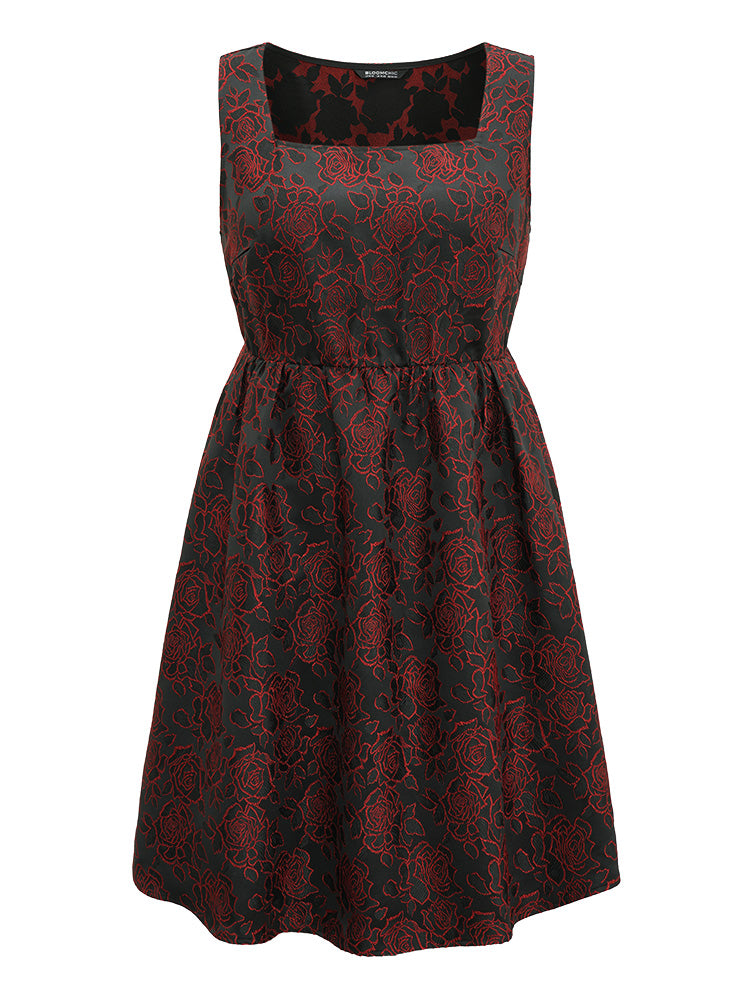 Silhouette Floral Print Embroidered Elastic Waist Tank Dress