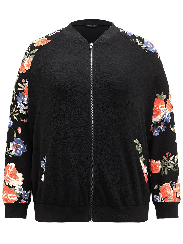 Floral Patchwork Zipper Pocket Bomber Jacket