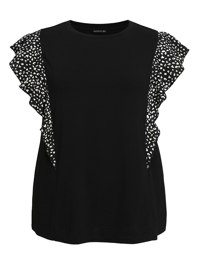 Leopard Patchwork Ruffle Trim Cap Sleeve T-shirt