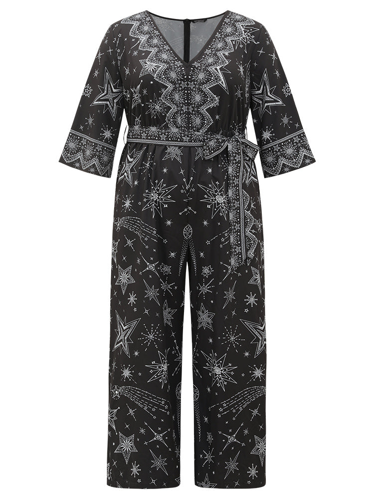 Halloween Star Print Belted V Neck Jumpsuit