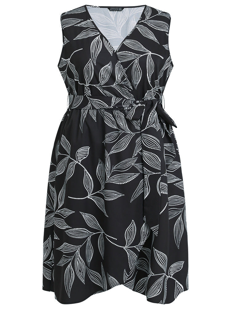 Plants Print Overlap Collar Belted Tank Dress