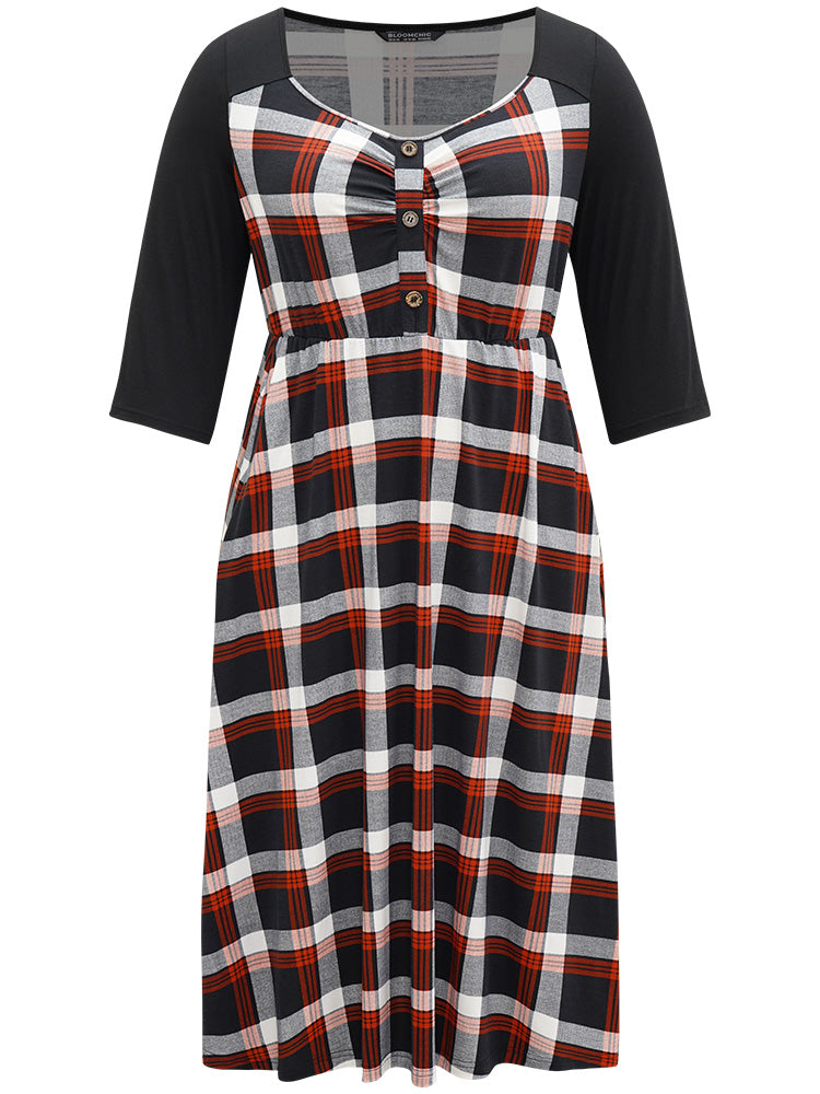 Christmas Plaid Patchwork Pleated Square Neck Dress