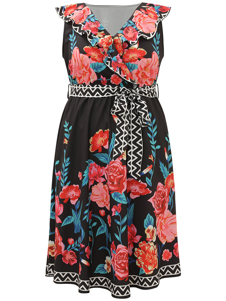 Floral Print Surplice Neck Belted Tank Dress