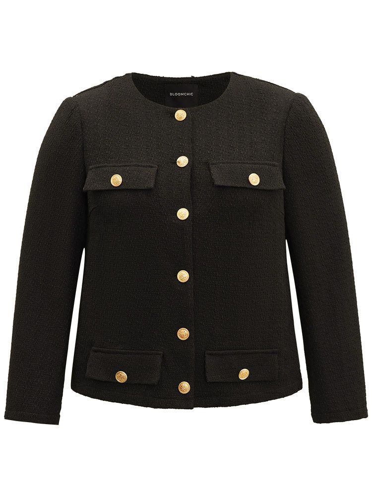 Plain Tweed Texture Buckle Detail Blazer