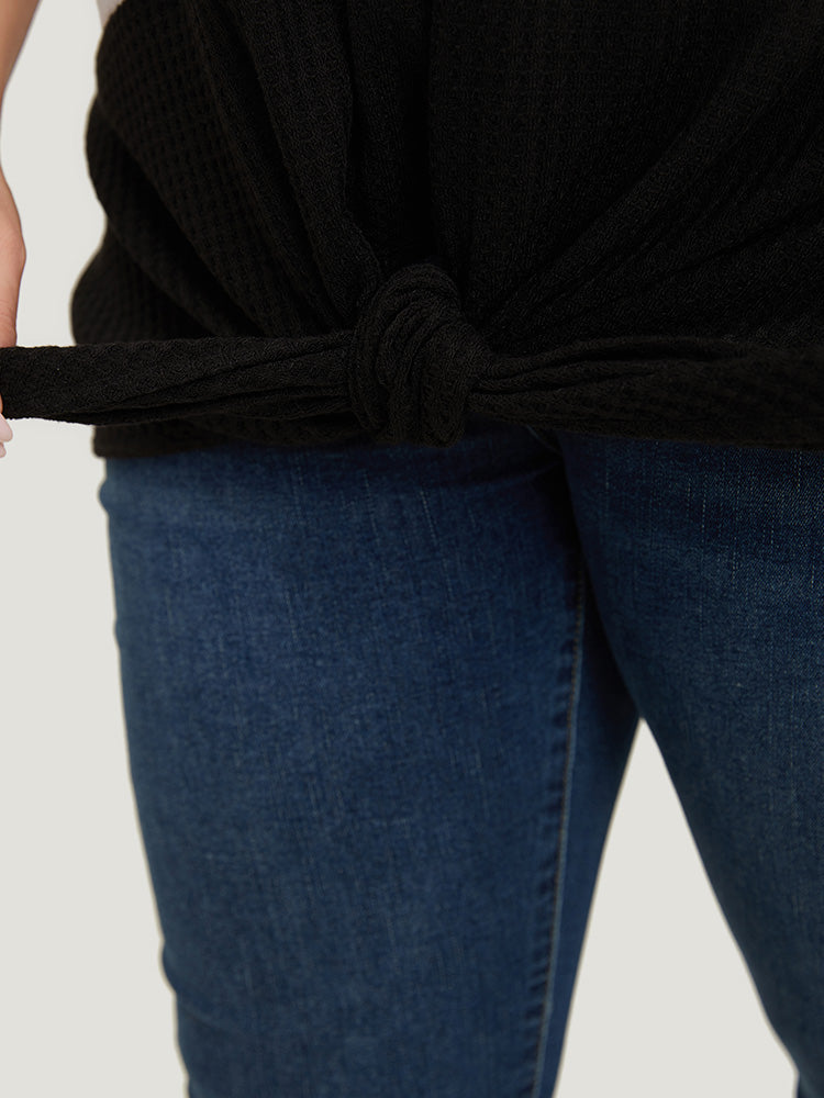 Colorblock Contrast Knotted Hem Waffle Knit Roll Sleeve T-shirt