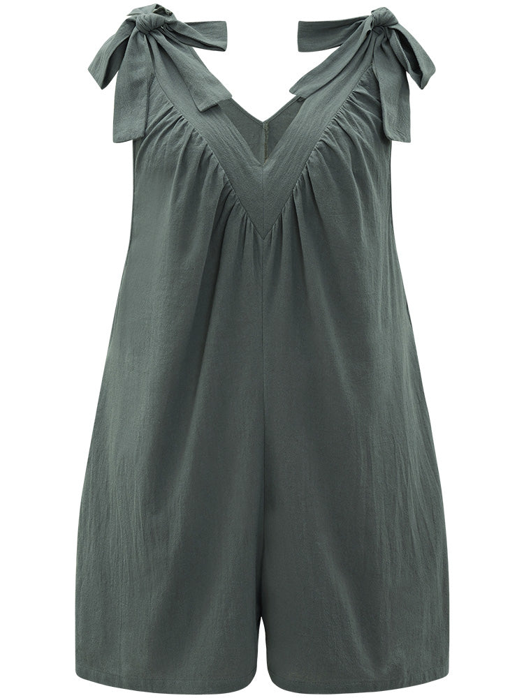 Plain Bowknot Gathered Pocket Overall Jumpsuit