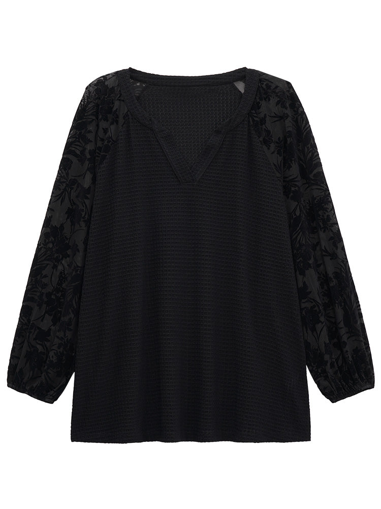 Silhouette Floral Print Mesh Waffle Knit T-shirt