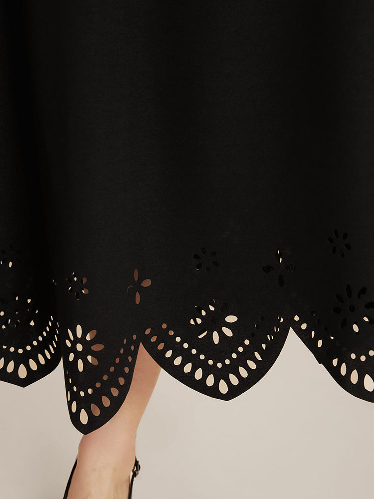 Solid Pocket Laser Cut Belted Scallop Trim Midi Dress