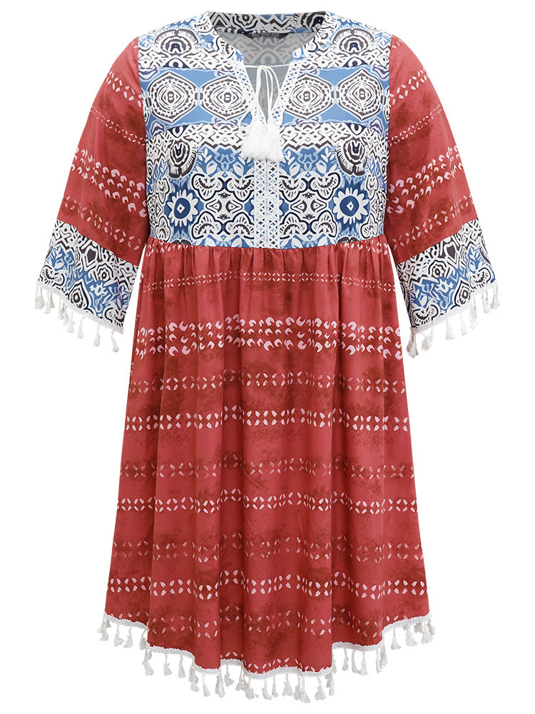 Bandana Print Contrast Tassels Trim Ties Notched Dress