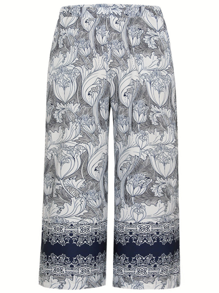 Boho Print Elastic Waist Slant Pocket Pants